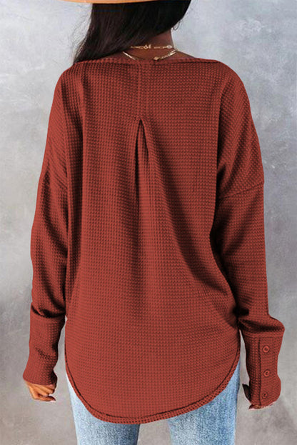 Waffle Knit Splicing Buttons Long Sleeve Top