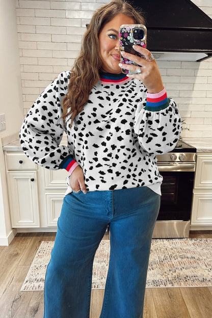 White Leopard Print Colorblock Round Neck Long Sleeve Tunic Plus Size Sweater