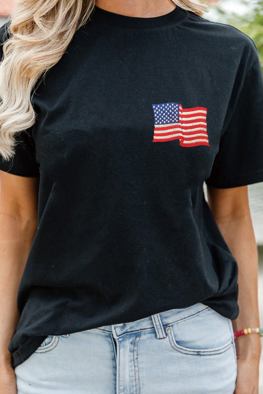 Black American Flag Embroidered Round Neck T Shirt