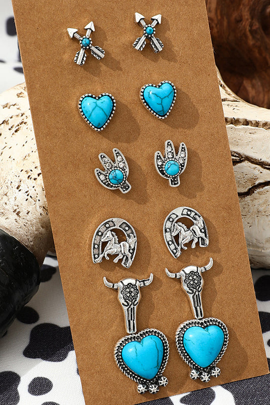 Silvery 6 Pairs Western Turquoise Alloy Stud Earrings