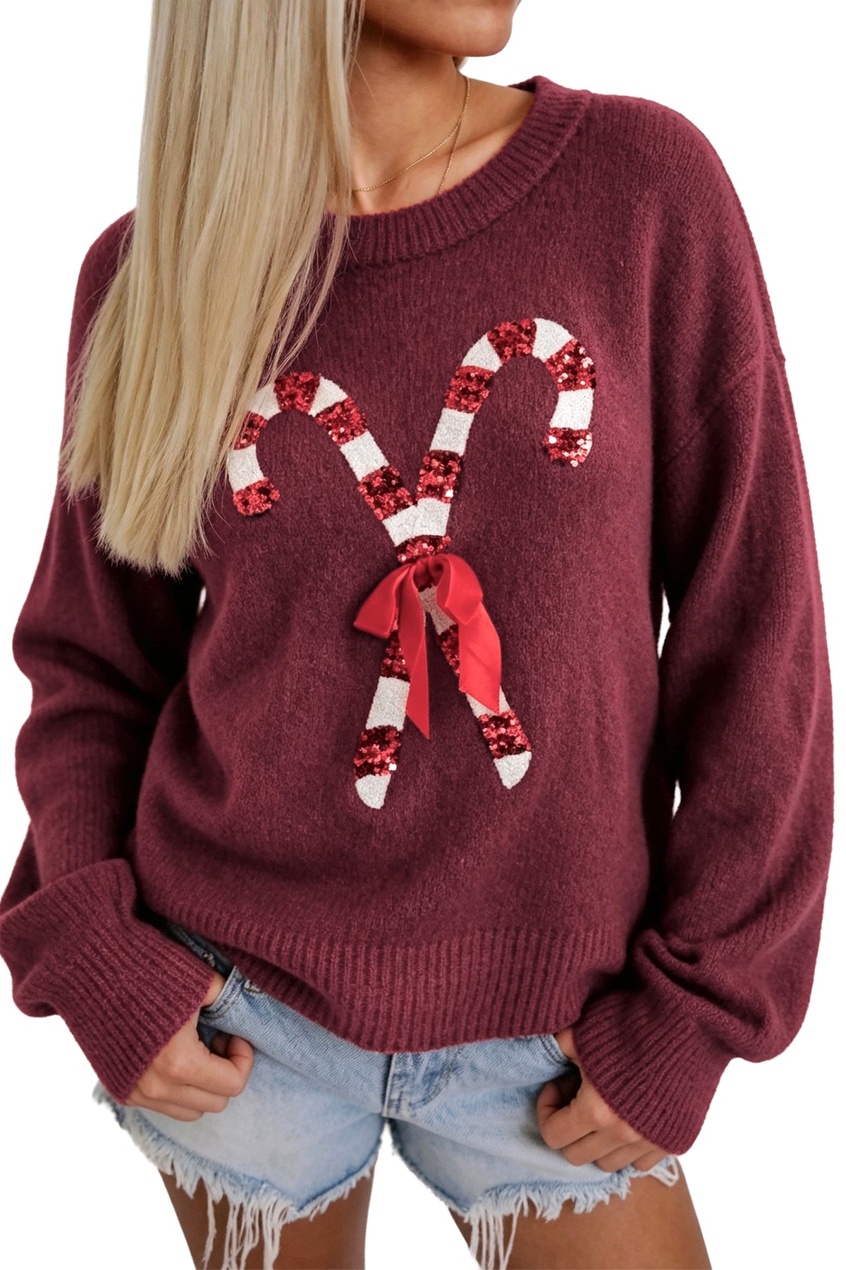 Red Dahlia Sequined Candy Cane Festive Casual Christmas Sweater