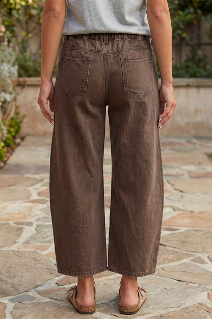 Coffee Solid Color Square Patch Pocket Ankle-length Barrel Jeans