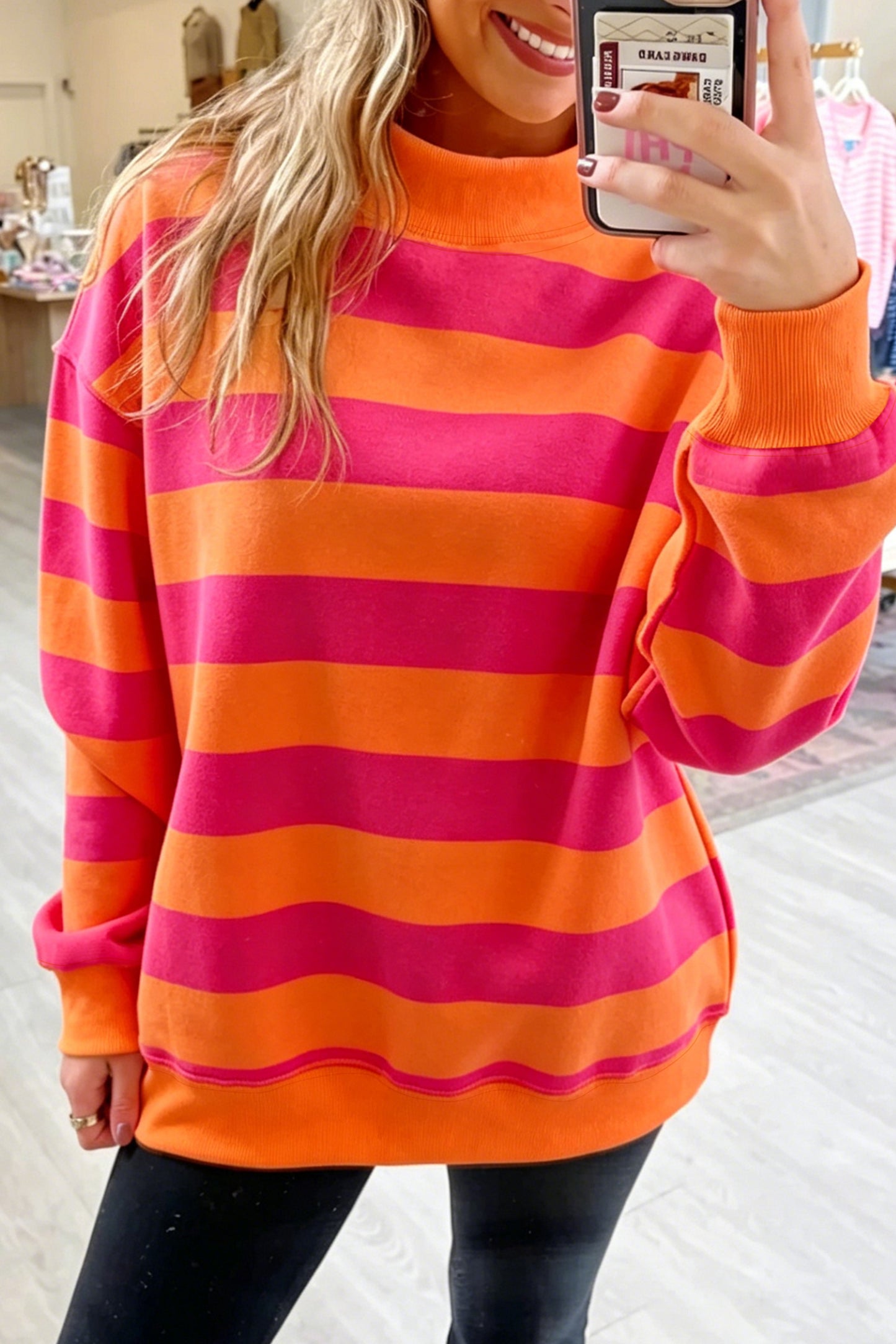 Orange Stripe Colorblock Mock Neck Relaxed Sweatshirt