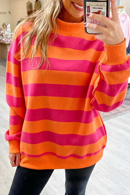 Orange Stripe Colorblock Mock Neck Relaxed Sweatshirt