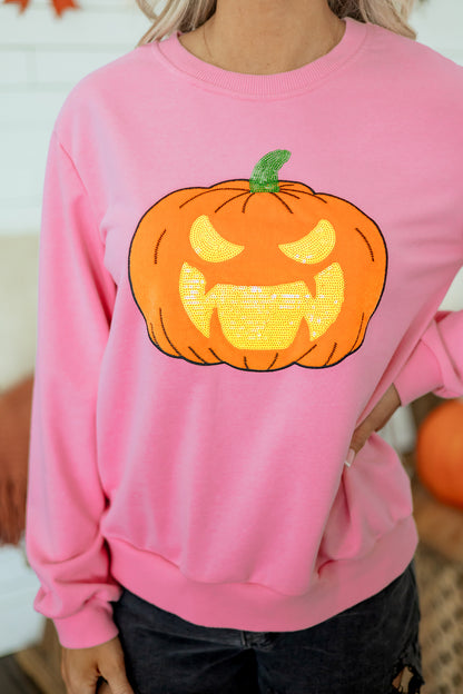 Pink Embroidered Pumpkin Face Long Sleeve Round Neck Sweatshirt