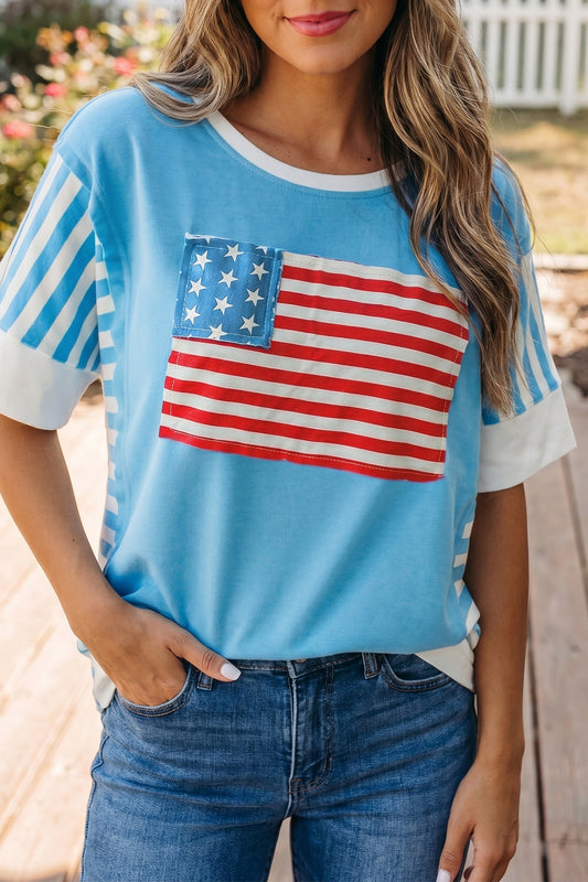 Light Blue Flag Print Patchwork Colorblock July 4th T Shirt