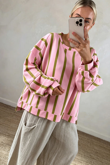 Green Stripe Dropped Shoulder Round Neck Casual Sweatshirt