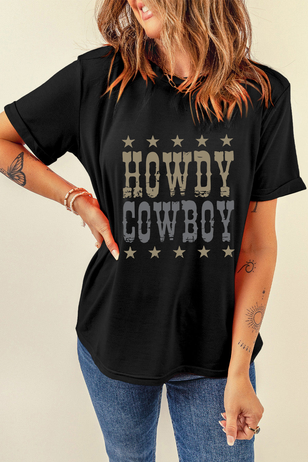 T-shirt ample noir à col rond et imprimé étoiles HOWDY COWBOY