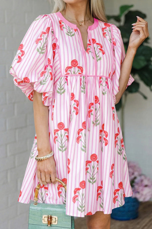 Pink Floral Striped Print Tie Notched Neck Puff Sleeve Flared Mini Dress