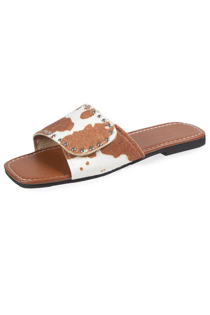 Rivet Embellished Cow Print Flat Slippers