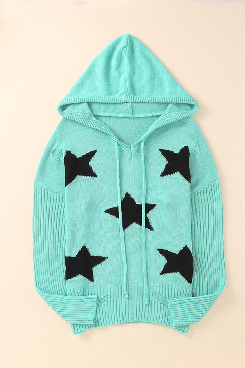 V Neck Star Pattern Hooded Sweater with Slits