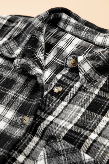 Black Plaid Long Sleeve V Neck Shift Plus Size Shirt Jacket