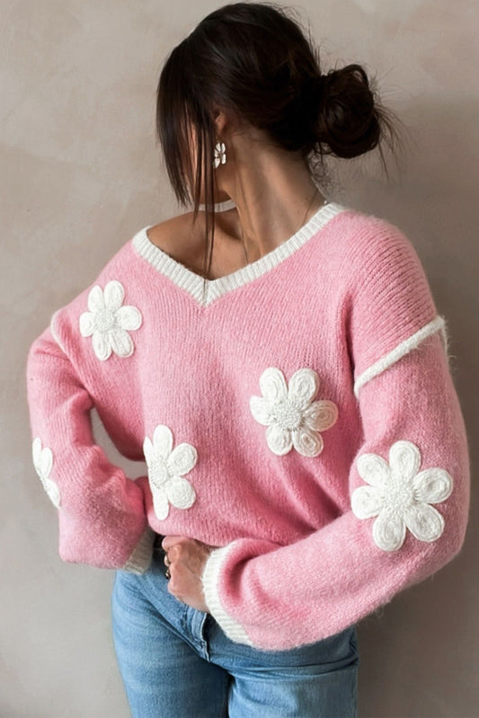 Pull à fleurs roses, col en V et épaules tombantes