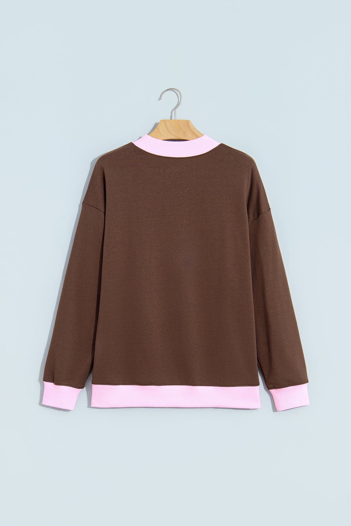 Coffee Colorblock Trim Crewneck Long Sleeve Pullover Sweatshirt