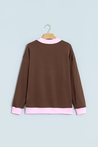 Coffee Colorblock Trim Crewneck Long Sleeve Pullover Sweatshirt