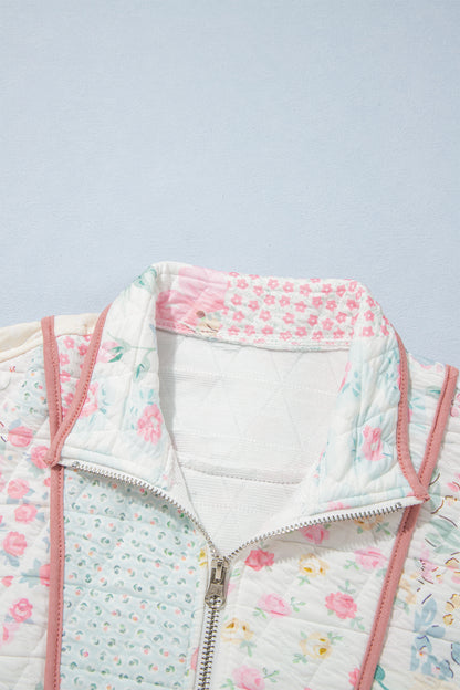 Multicolour Floral Quilted Metal Zipper Collar Long Sleeve Sweatshirt