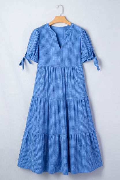 Dusk Blue Gingham Textured Bow Tie Short Sleeve Tiered Midi Dress