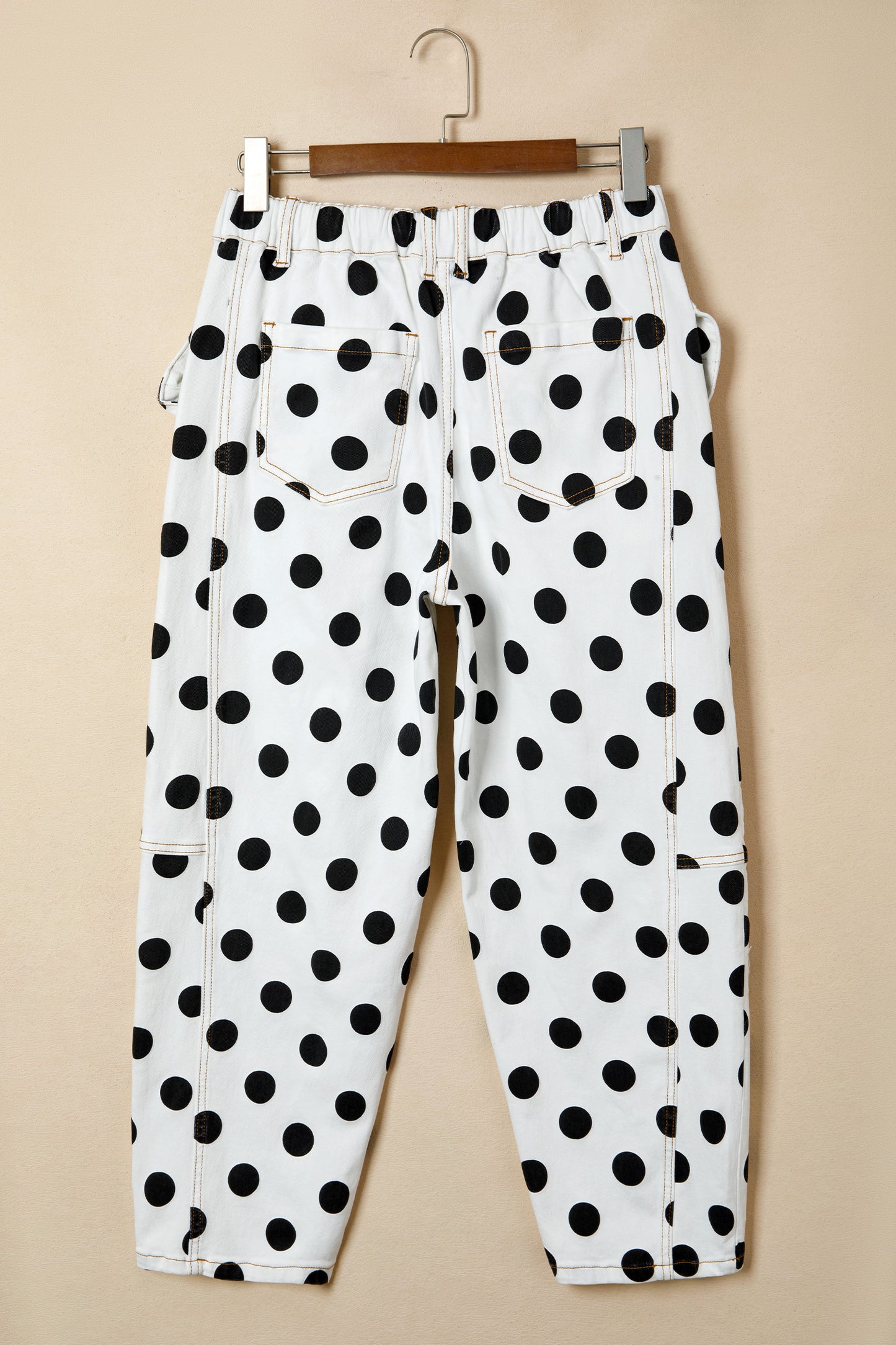 White Polka Dot Print Bow Detail Pocketed Jeans