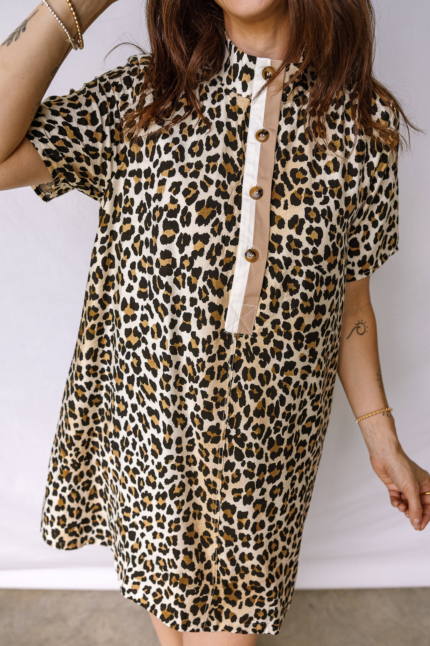 Multicolour Half Buttons Short Sleeve Loose Leopard Mini Dress with Pockets