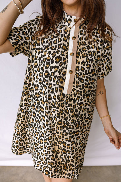 Multicolour Half Buttons Short Sleeve Loose Leopard Mini Dress with Pockets