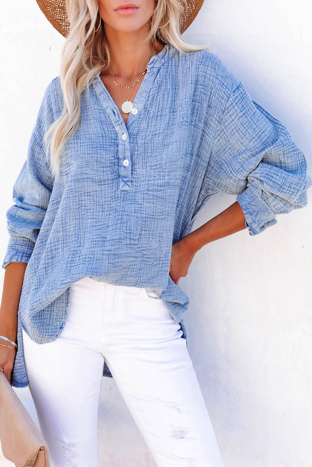 Haut Henley ample texturé bleu ciel froissé 