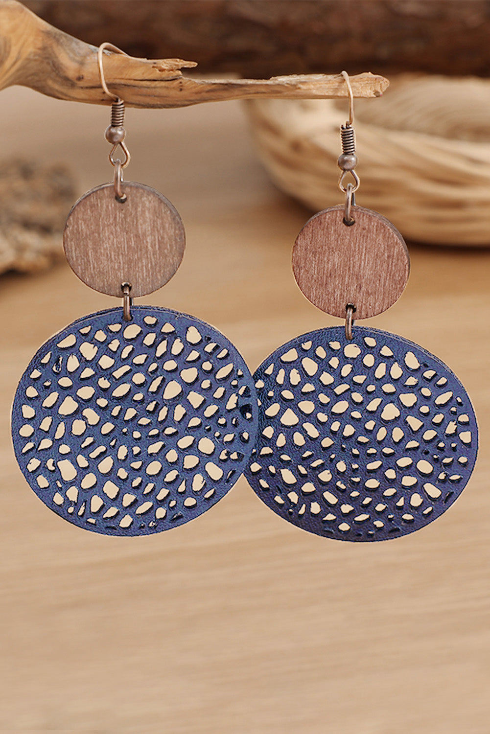 Hollow Out Wooden Round Drop Earrings