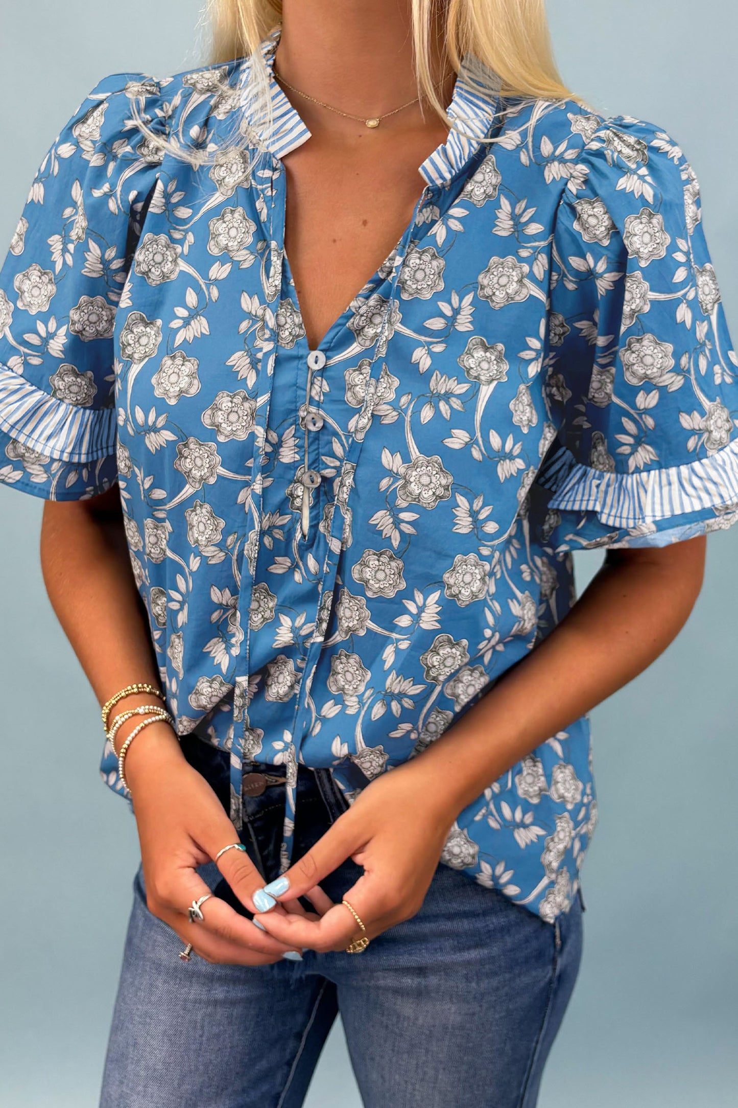 Blue Floral Print Button Tie Neck Striped Detail Short Sleeve Blouse