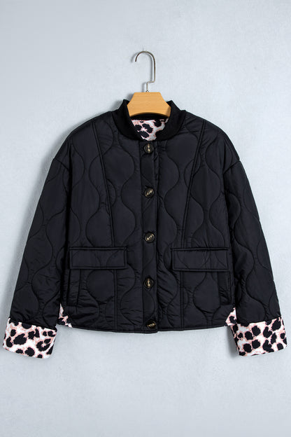 Black Retro Quilted Leopard Cuff Button Down Puffer Jacket