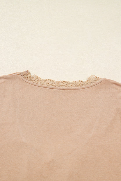 Smoke Gray Lace-trimmed Sweetheart Neckline Ruched Detail Long Sleeve T-shirt