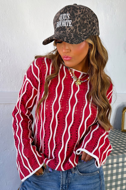 Racing Red Wavy Detail Hollow Out Knit Long Sleeve Cotton Pullover Sweater