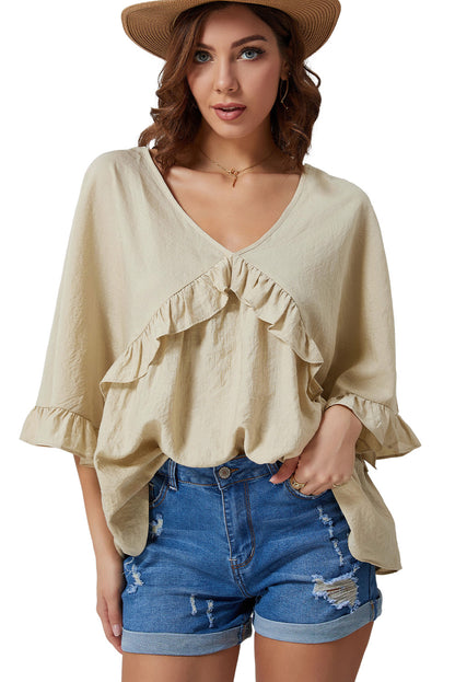 V Neck Draped Batwing Sleeve Ruffle Top