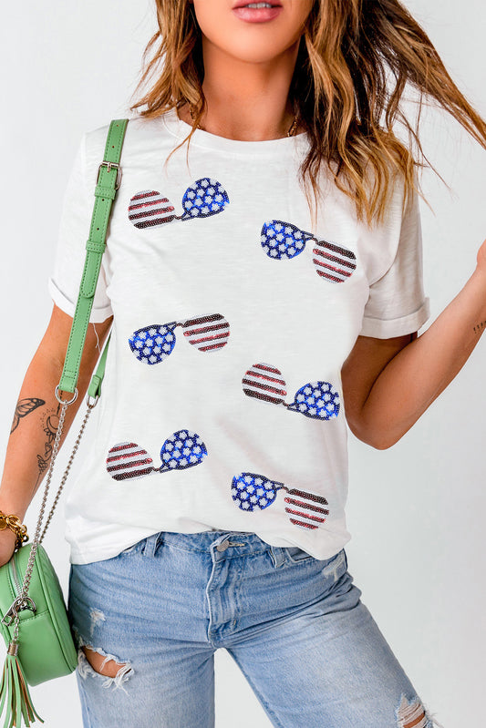 White Sequined American Flag Sunglasses Crew Neck T Shirt