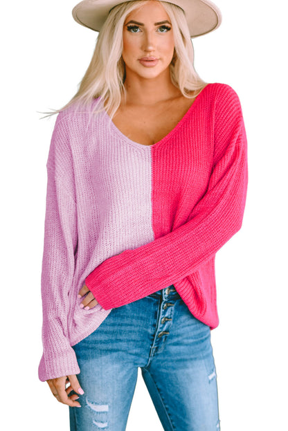 Pull rose à manches longues et col en V colorblock