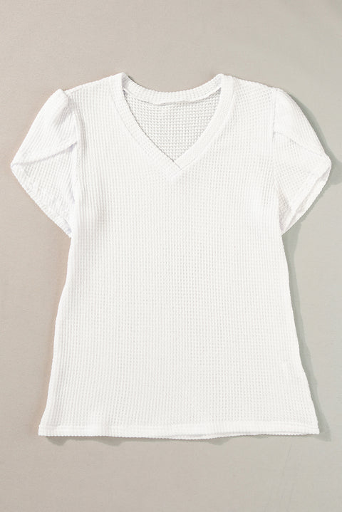 White V Neck Petal Sleeve Waffle Knit T-Shirt