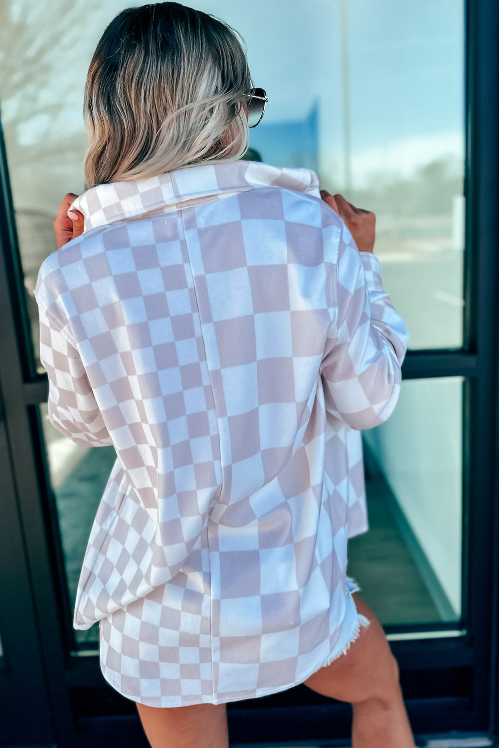 Khaki Checkerboard Flap Pocket Button Front Shacket