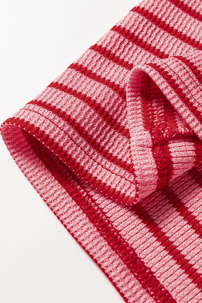 Pink Stripe Textured Round Neck Drop Shoulder Long Sleeve T Shirt