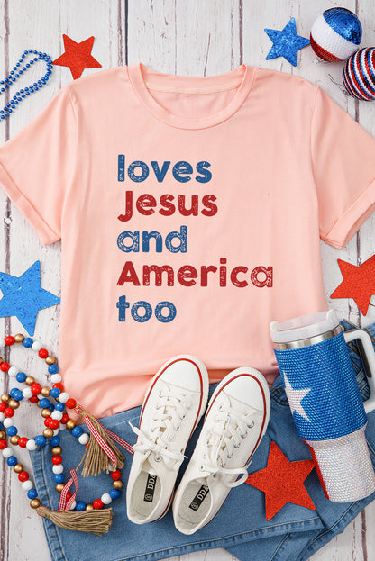 Pink loves Jesus and America too Vintage Letter Graphic Tee