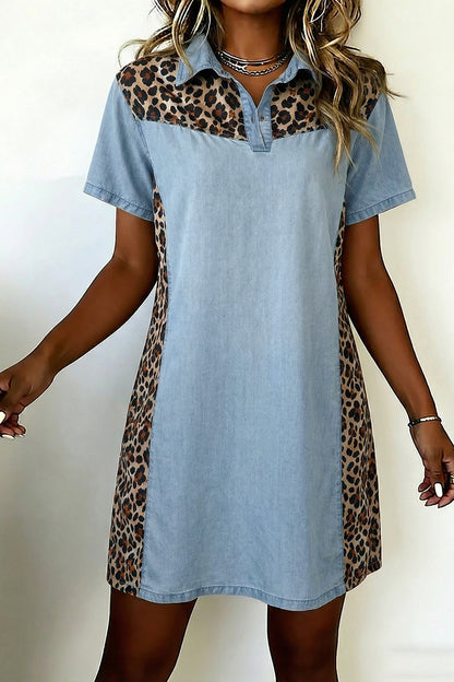 Myosotis Denim Color Block Leopard Patchwork Shirt Collar T Shirt Mini Dress
