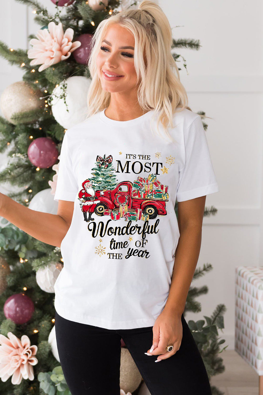 T-shirt ras du cou blanc avec slogan imprimé à motif de Noël