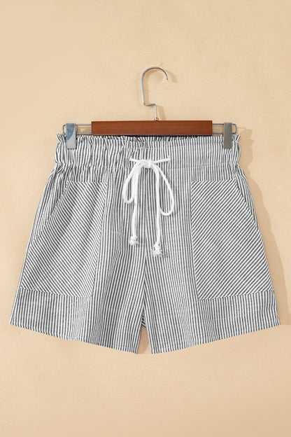 Gray Stripe Lace-up Elastic Waist Casual Pocketed Shorts