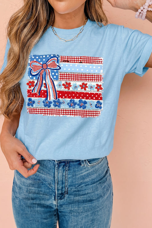 Light Blue Faux Patchwork Printed Coquette American Flag Graphic Tee