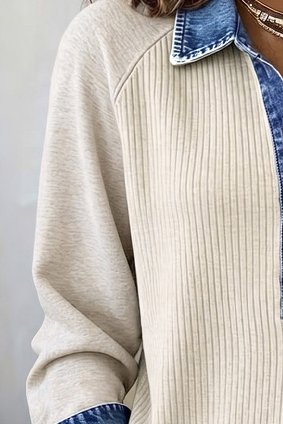 Light Grey Ribbed Denim Colorblock Detail Button Collar Long Sleeve Top