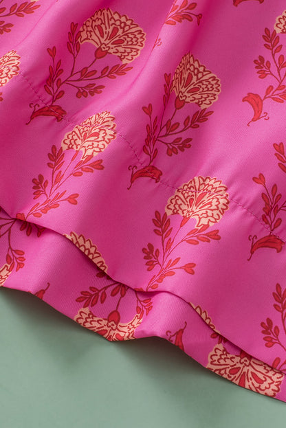 Chemisier plissé à imprimé floral rouge rose et manches flottantes