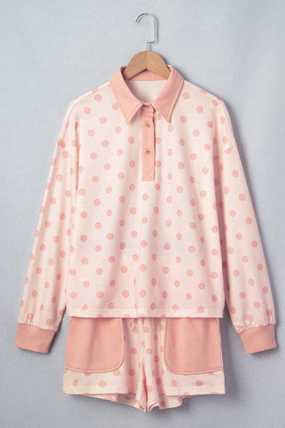 Pink Polka Dot Drop Shoulder Polo Loose Pullover Patch Pocket Casual Shorts Set