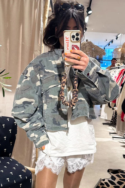 Multicolour 100% Cotton Western Camouflage Drop Shoulder Zip Denim Jacket