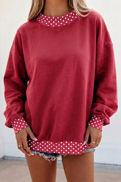 Red Dahlia Colorblock Polka Dot Contrast Trim Oversized Sweatshirt