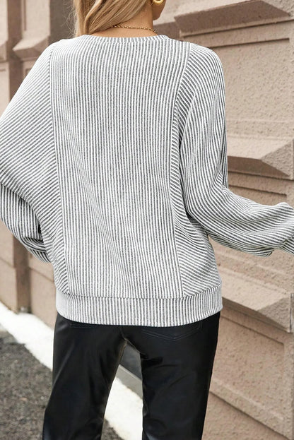 Gray Ribbed Knit Round Neck Long Lantern Sleeve Top