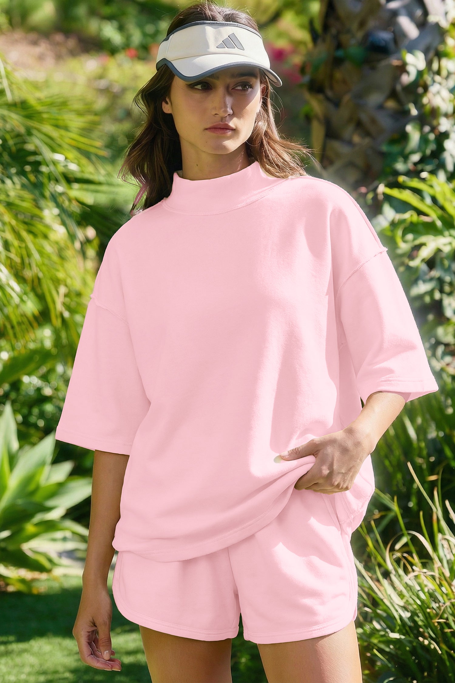 Light Pink Solid Color Exposed Seam Mock Neck Oversize Tee Casual Shorts 2pcs Outfit