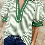 Green Stripe Collared Split Neck Short Bubble Sleeve Blouse