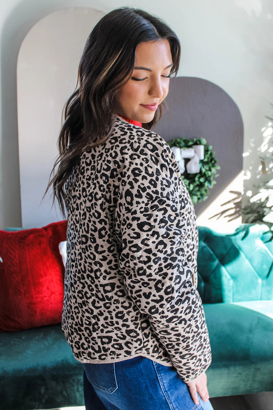 Khaki Leopard Print Patch Pockets Binding Tape Long Sleeve Regular Fit Jacket
